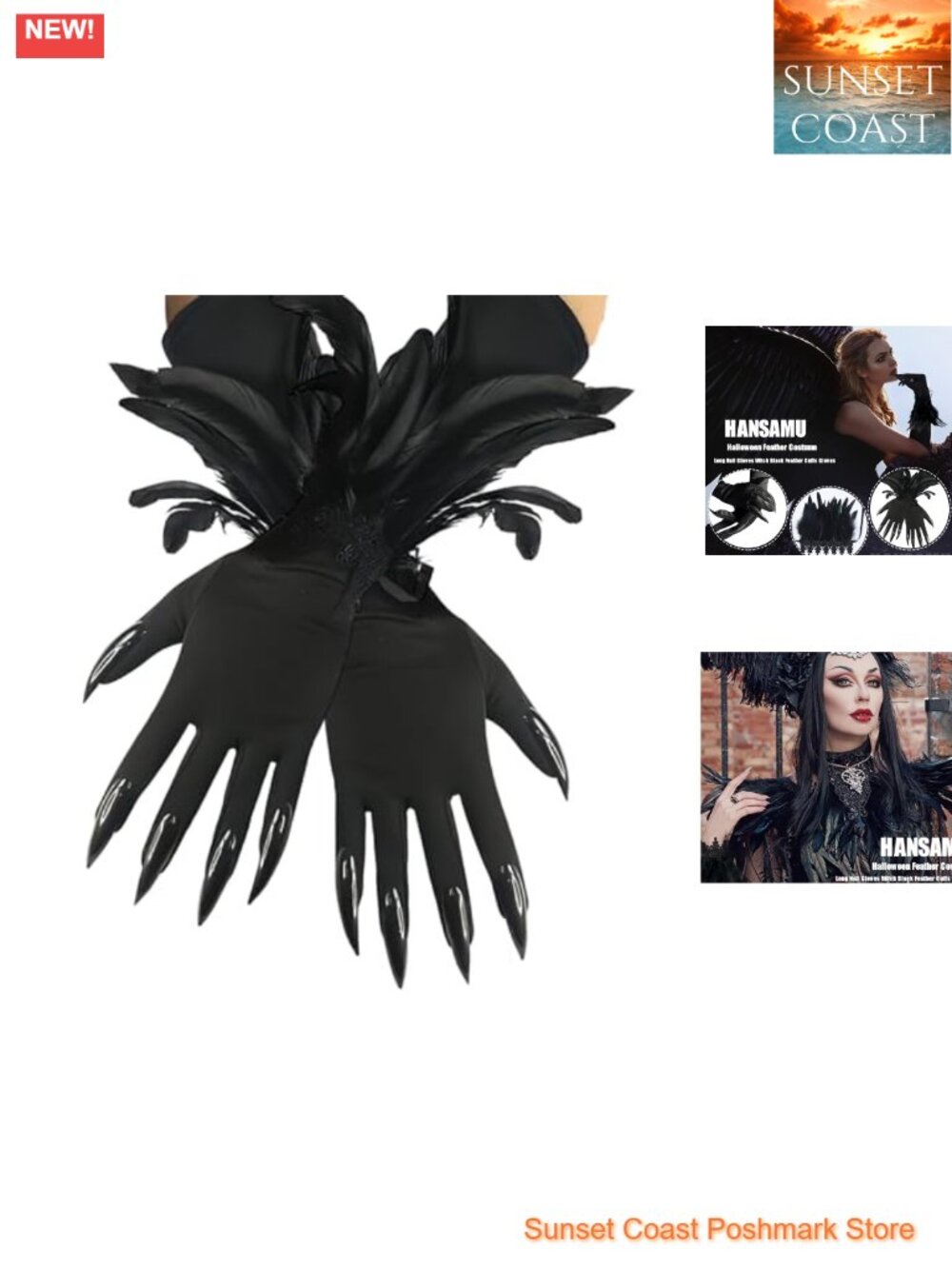 Halloween Long Nail Gloves with Feather Cuffs Cosplay Costume Accessory